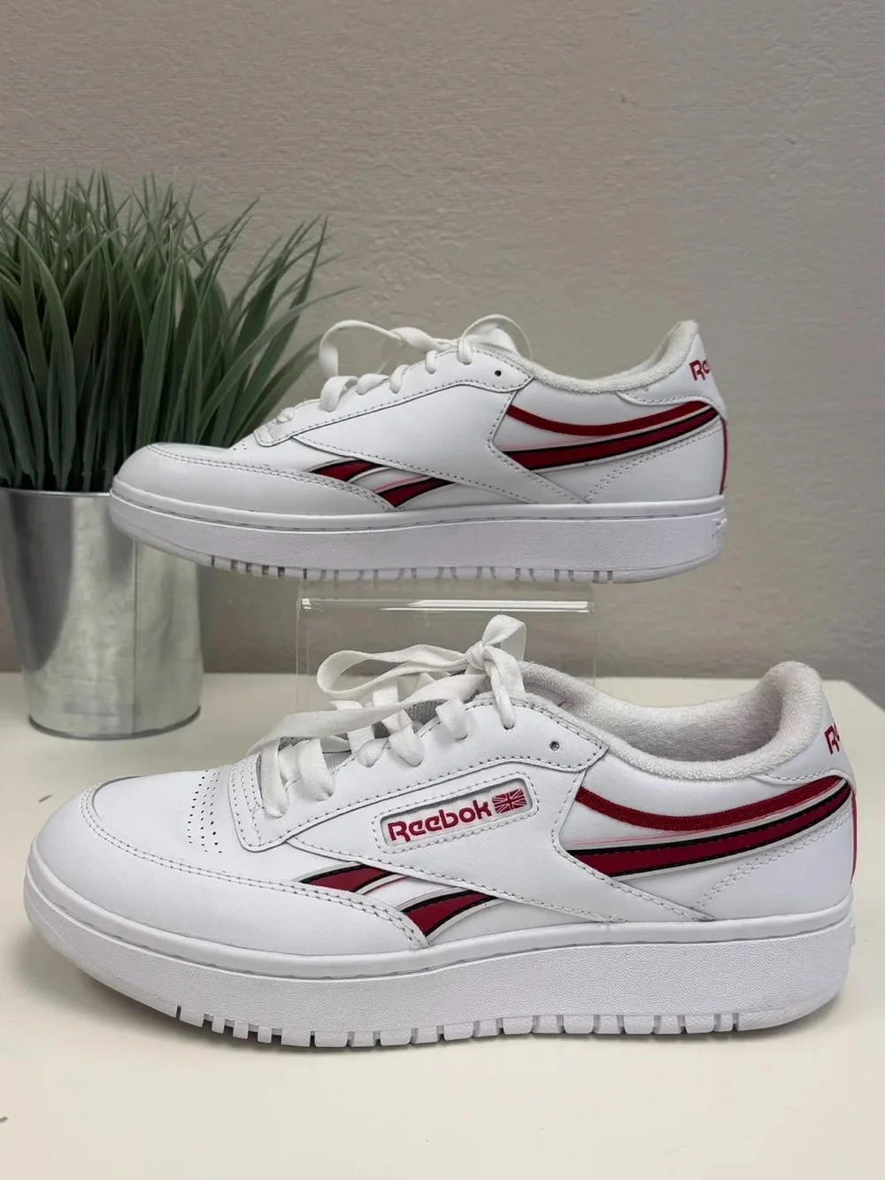 Reebok White & Red Club C Double Revenge Platform Shoes - Size 9.5